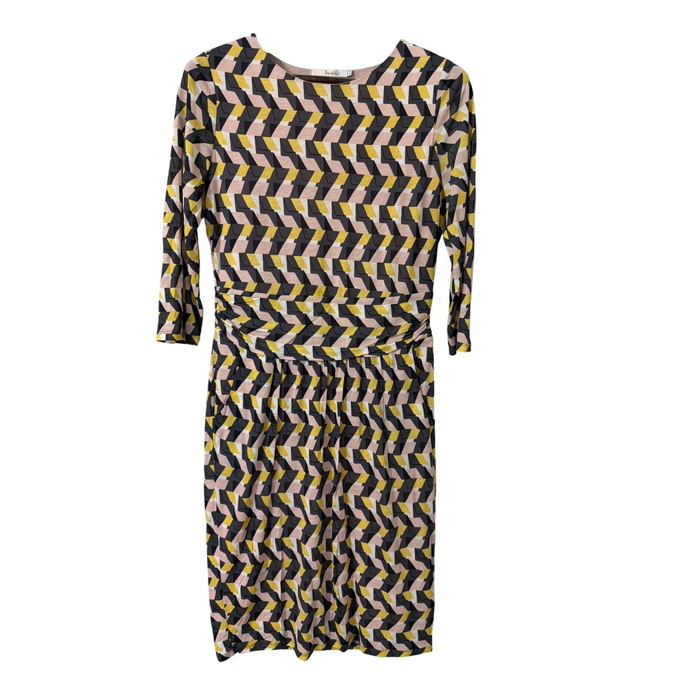 Boden Women Pink Yellow Geometric Tencel Lyocell Ruched Dress US 10R